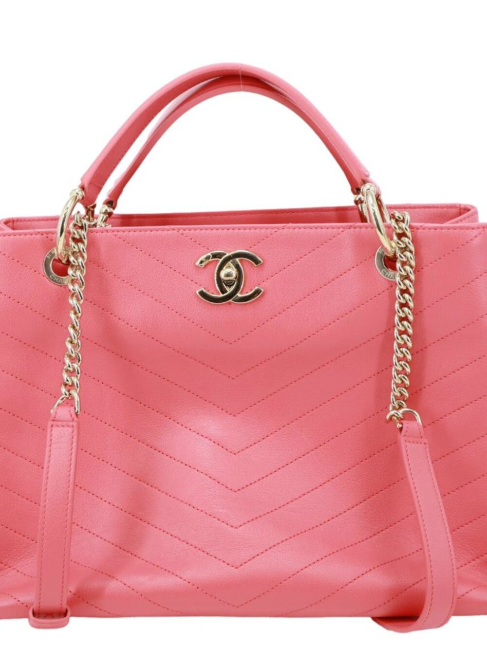 Chanel  Stitched Chevron Calfskin Leather Chic Shopping Tote Bag Pink